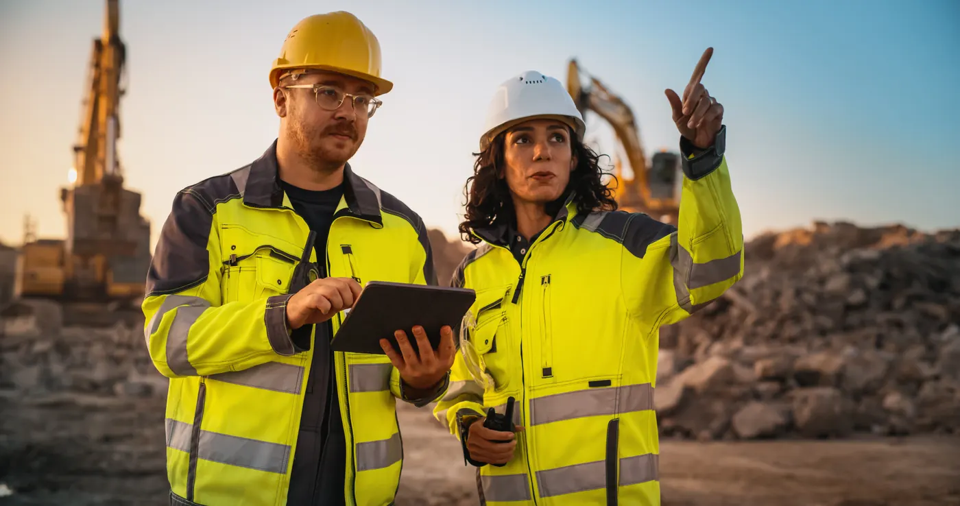 Zwei Fachkräfte stimmen sich mit Tablet und Funkgerät auf einer Baustelle ab